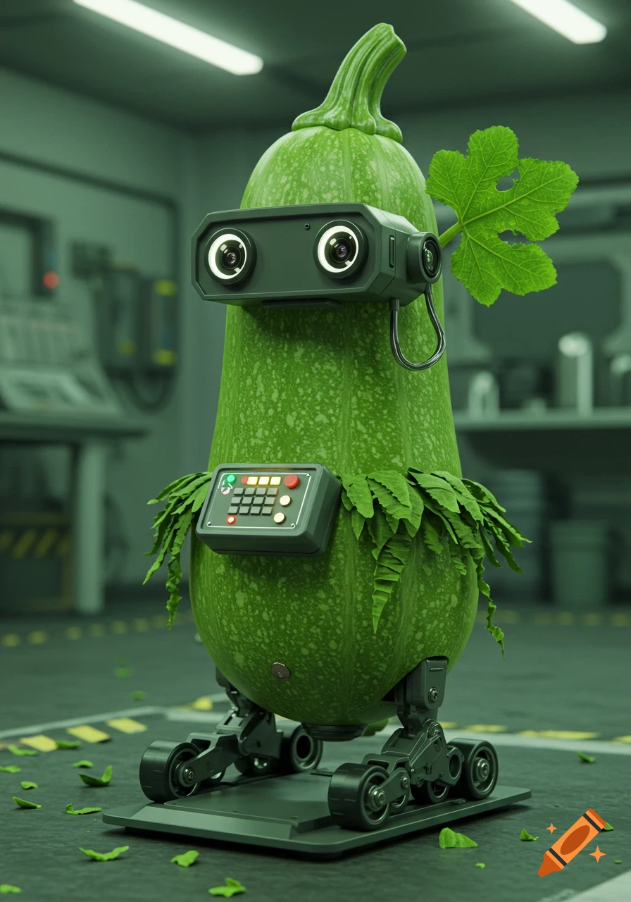 A photorealistic image of a green zucchini robot with camera eyes, a control panel, and treads for feet, standing in a sci-fi lab.
