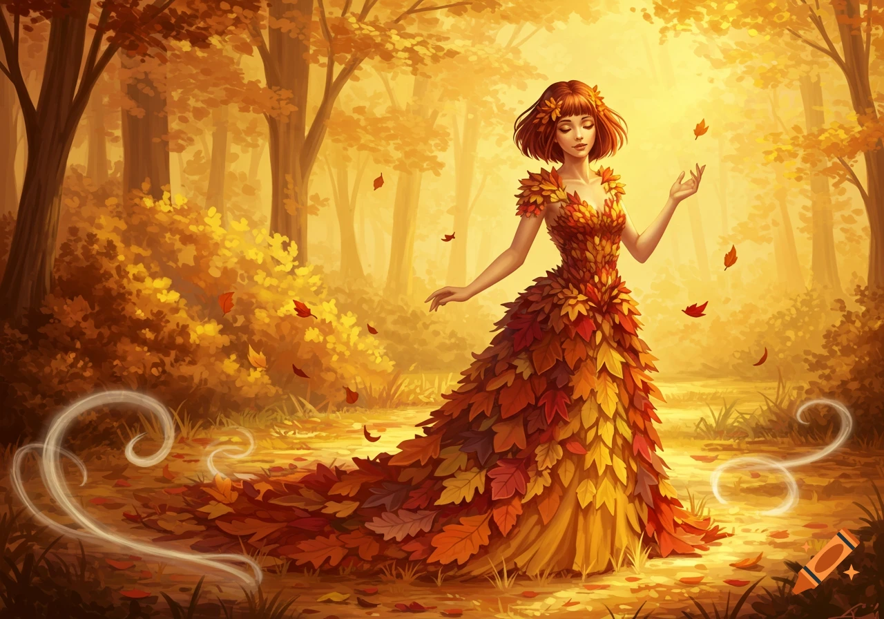 An autumn goddess with short brown hair in a gown of colorful leaves stands in a glowing golden forest with falling leaves.