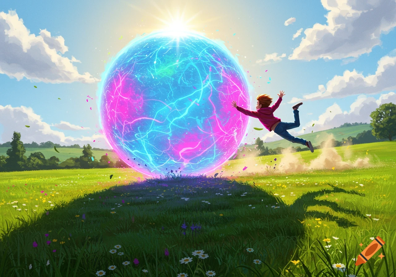A person is propelled through the air by a massive, glowing blue and pink energy sphere in a sunny green field.