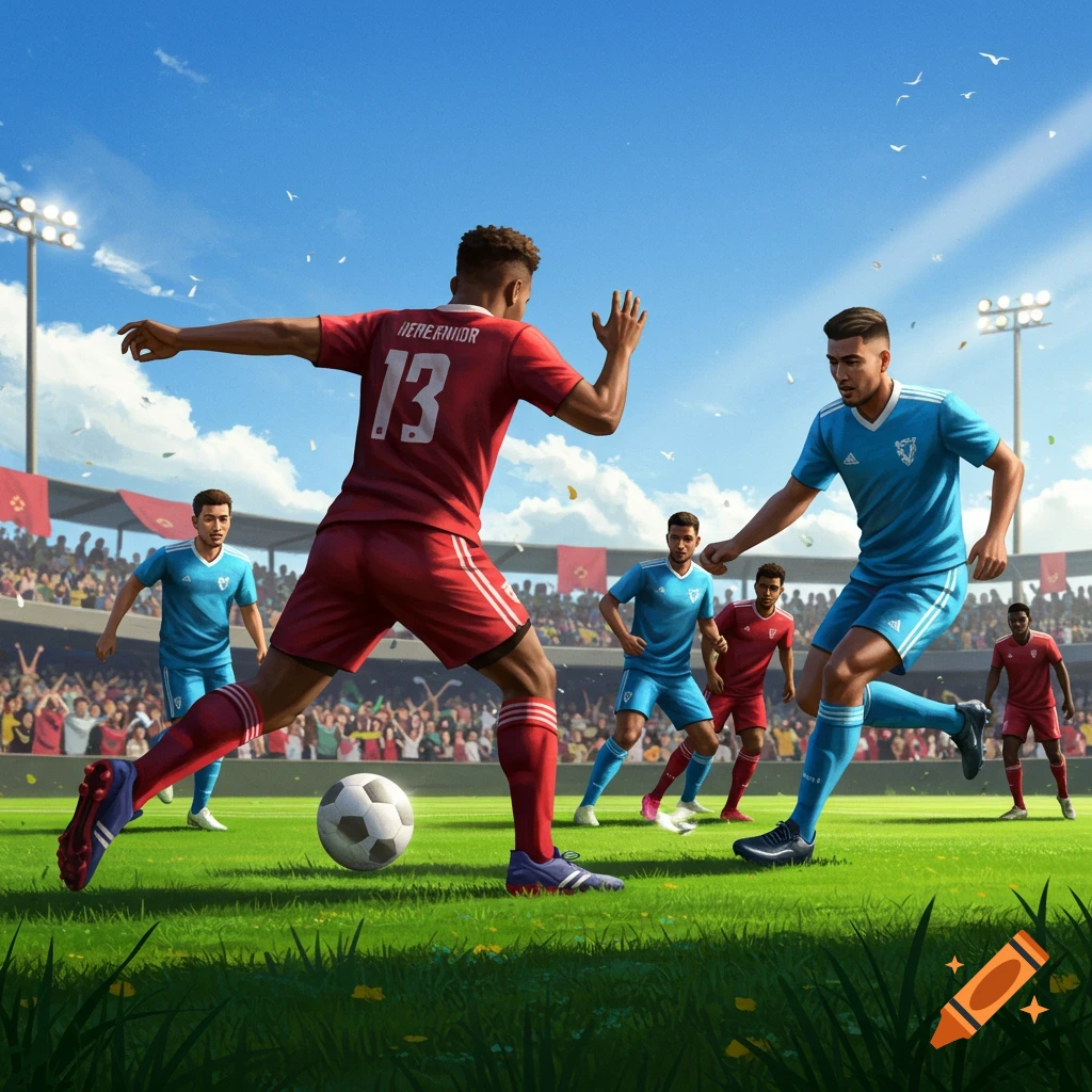 A dynamic scene of a soccer match with players in red and blue jerseys on a green field under a clear blue sky.