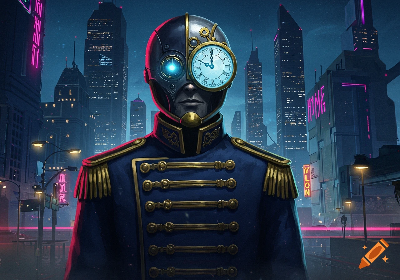 A man in a military-style uniform with a half-helmet, mechanical eye, and a clock for the other eye, stands in a neon-lit futuristic city.