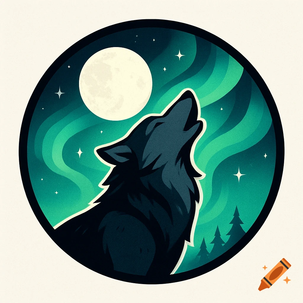 Stylized wolf howling at full moon under green aurora borealis, with pine trees, in a circular logo.