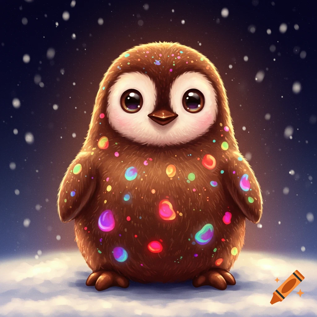 A cute, brown, chonky penguin covered in colorful glowing spots stands in falling snow against a dark blue background.