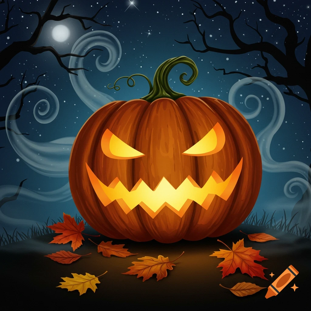 A glowing jack-o'-lantern sits on the ground with autumn leaves, under a full moon and starry night sky with spooky trees.