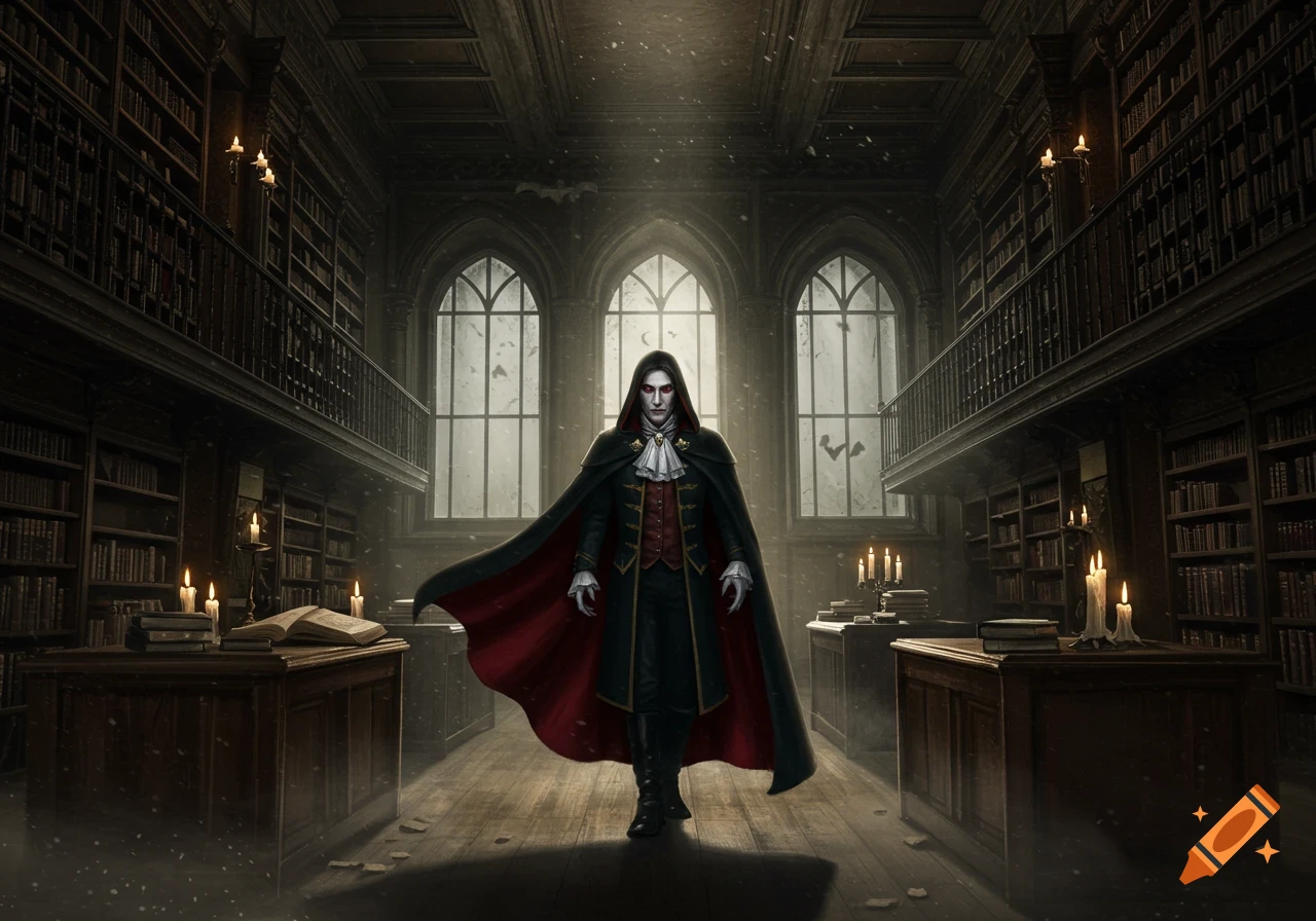 A pale vampire in a dark cloak stands in a dimly lit, grand gothic library with towering bookshelves and arched windows.