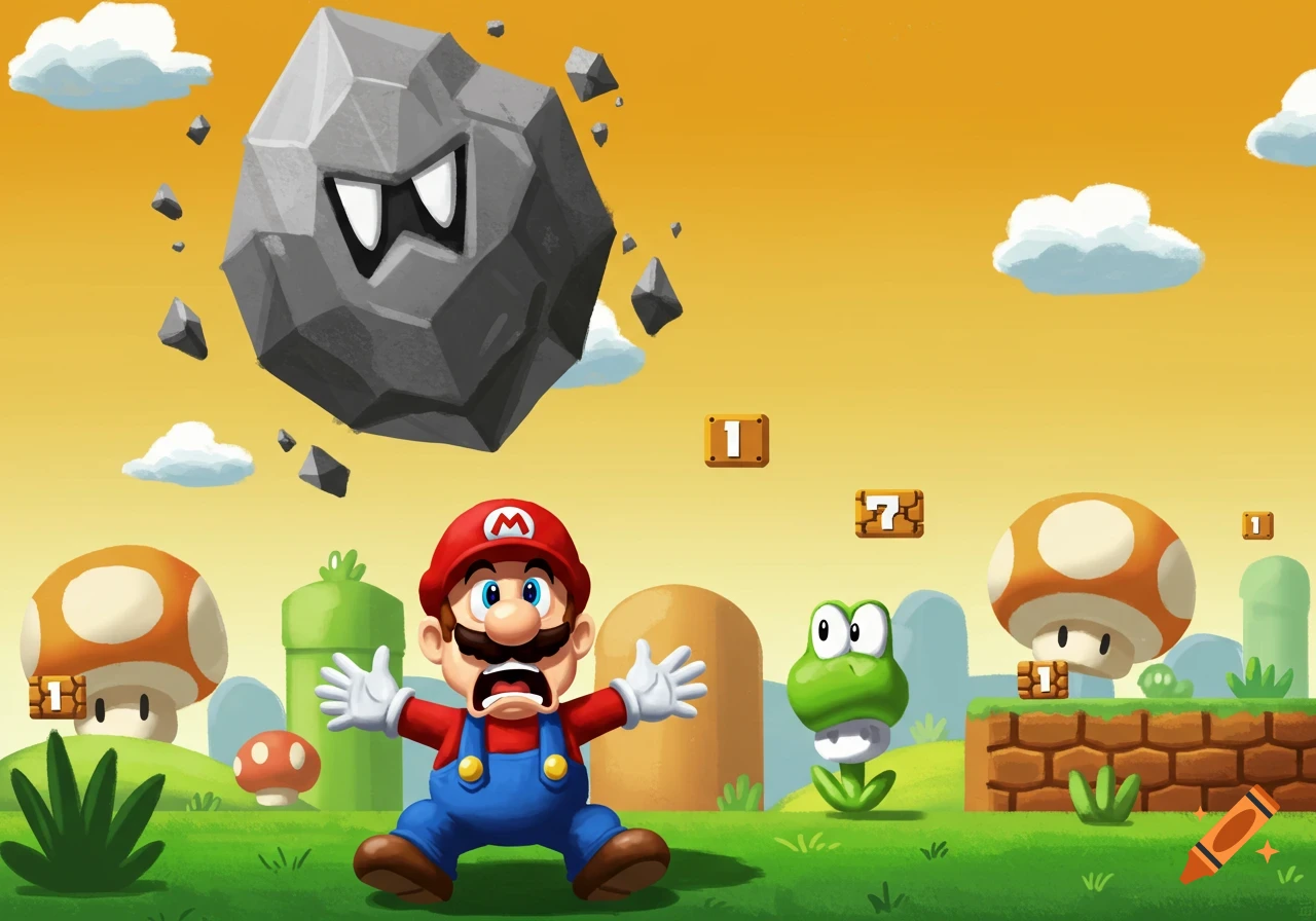 Cartoon Super Mario looks scared as a large gray rock monster falls from the sky in a vibrant video game landscape with blocks and mushrooms.