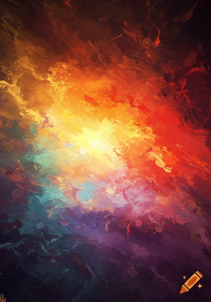 Vibrant abstract painting with energetic brushstrokes of yellow, orange, red, and blue, creating a colorful, swirling pattern.