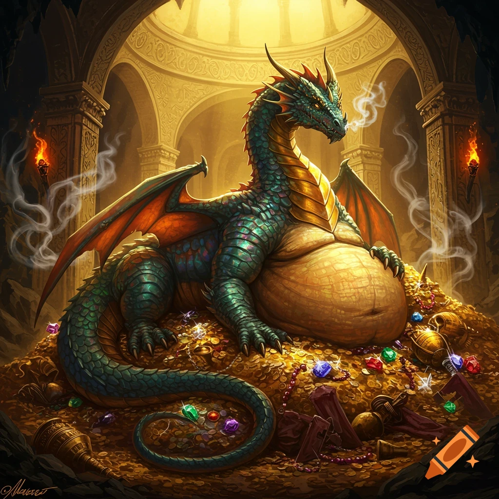 A large, green and gold dragon with a prominent belly rests on a massive pile of gold coins and jewels in a grand, vaulted chamber.