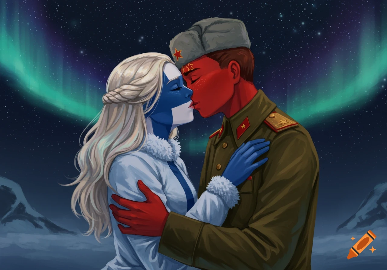 A stylized illustration of personified Finland and USSR kissing under a starry, aurora-lit night sky.