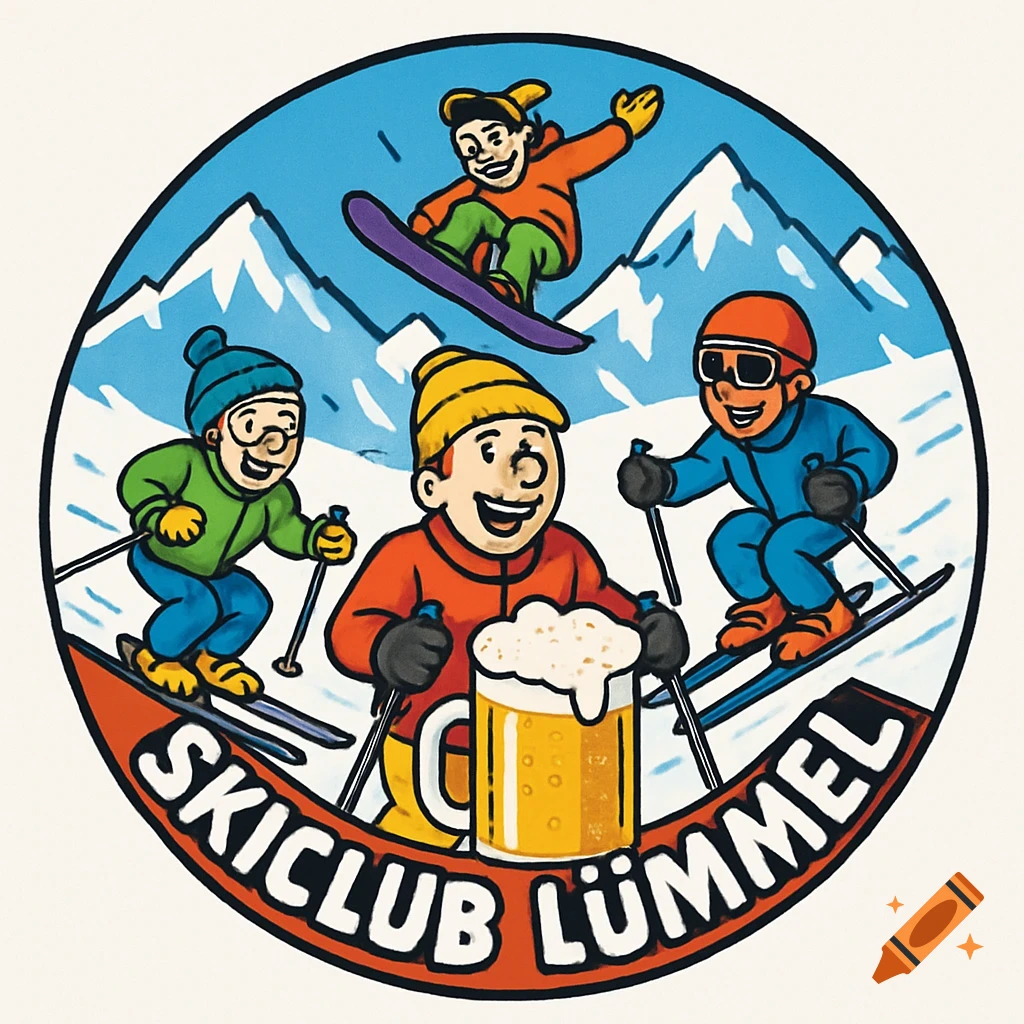 A round comic-style logo for 'Skiclub Lümmel' featuring four men skiing and snowboarding in mountains, with one holding a beer mug.