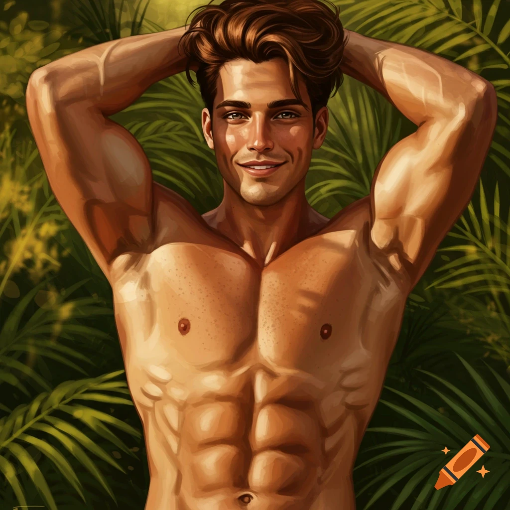 A smiling muscular man with brown hair and light brown eyes poses shirtless in a vibrant tropical setting.