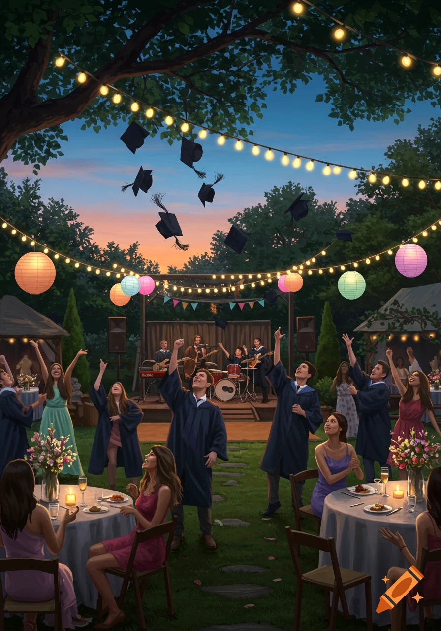 A vibrant outdoor graduation party at dusk, with graduates in robes tossing caps in the air, and guests enjoying food and live music under string lights.