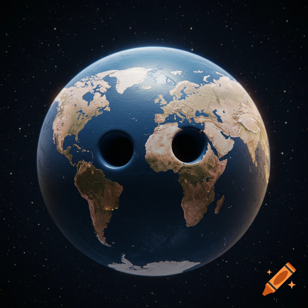A whimsical globe in space with two dark bowling ball-like finger holes in the oceans, surrounded by continents.