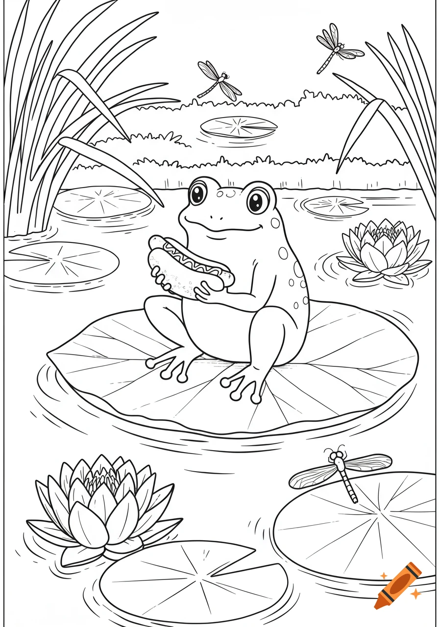 Black and white coloring page of a cartoon frog on a lily pad, holding a hot dog, with lily flowers and dragonflies.