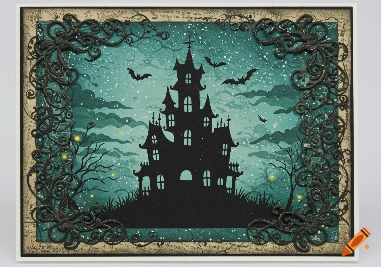 A stylized Halloween scrapbooking card features a black haunted house silhouette against a teal night sky with bats and spooky trees, framed by dark ornate scrolls.