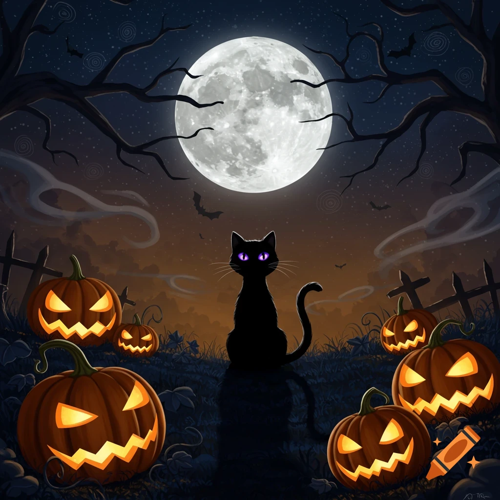 A black cat with glowing purple eyes sits among glowing jack-o'-lanterns under a bright full moon in a stylized Halloween night scene.