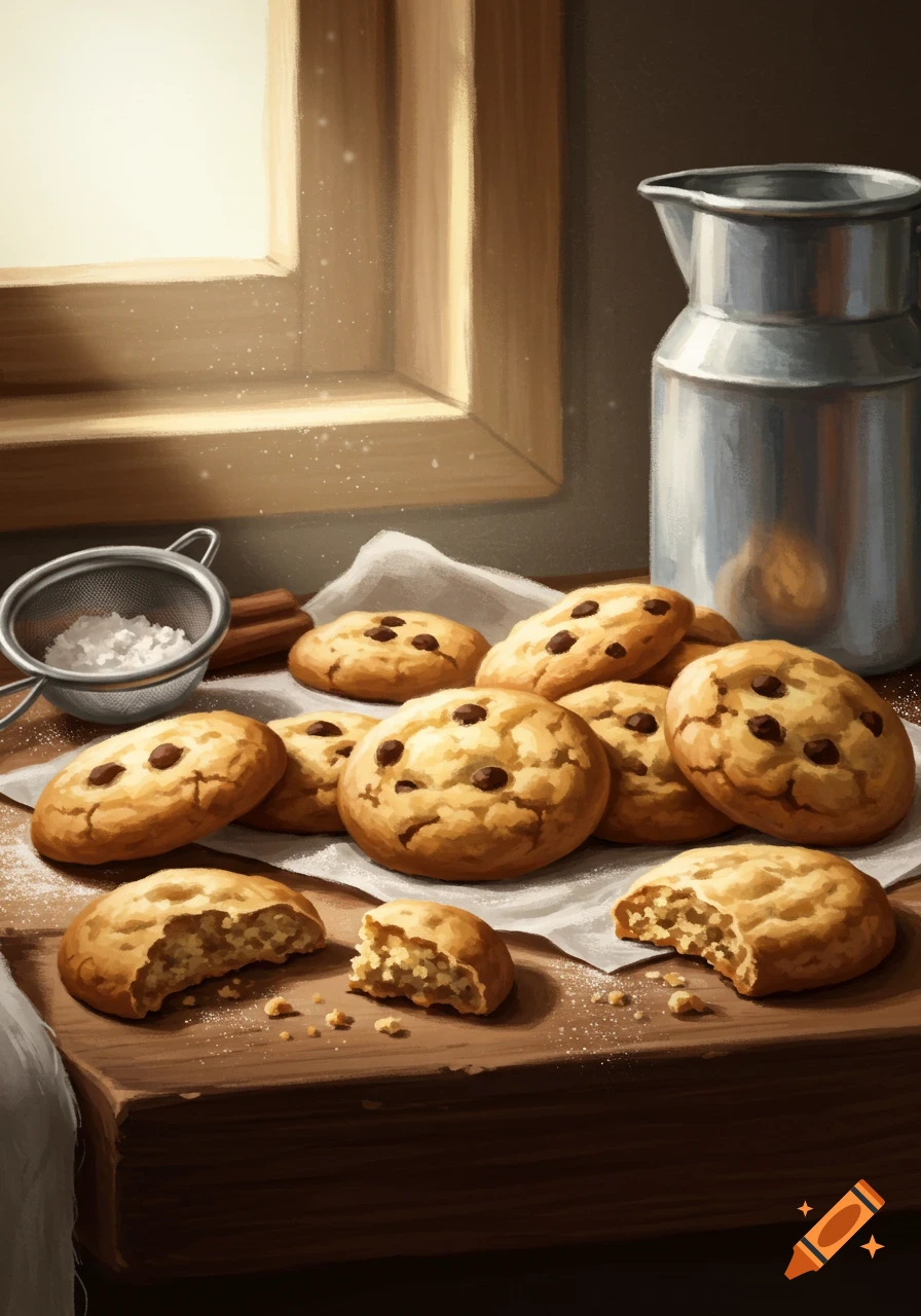 A stylized painting of chocolate chip cookies on a wooden table, with some broken, next to a sifter of sugar and a metal pitcher.