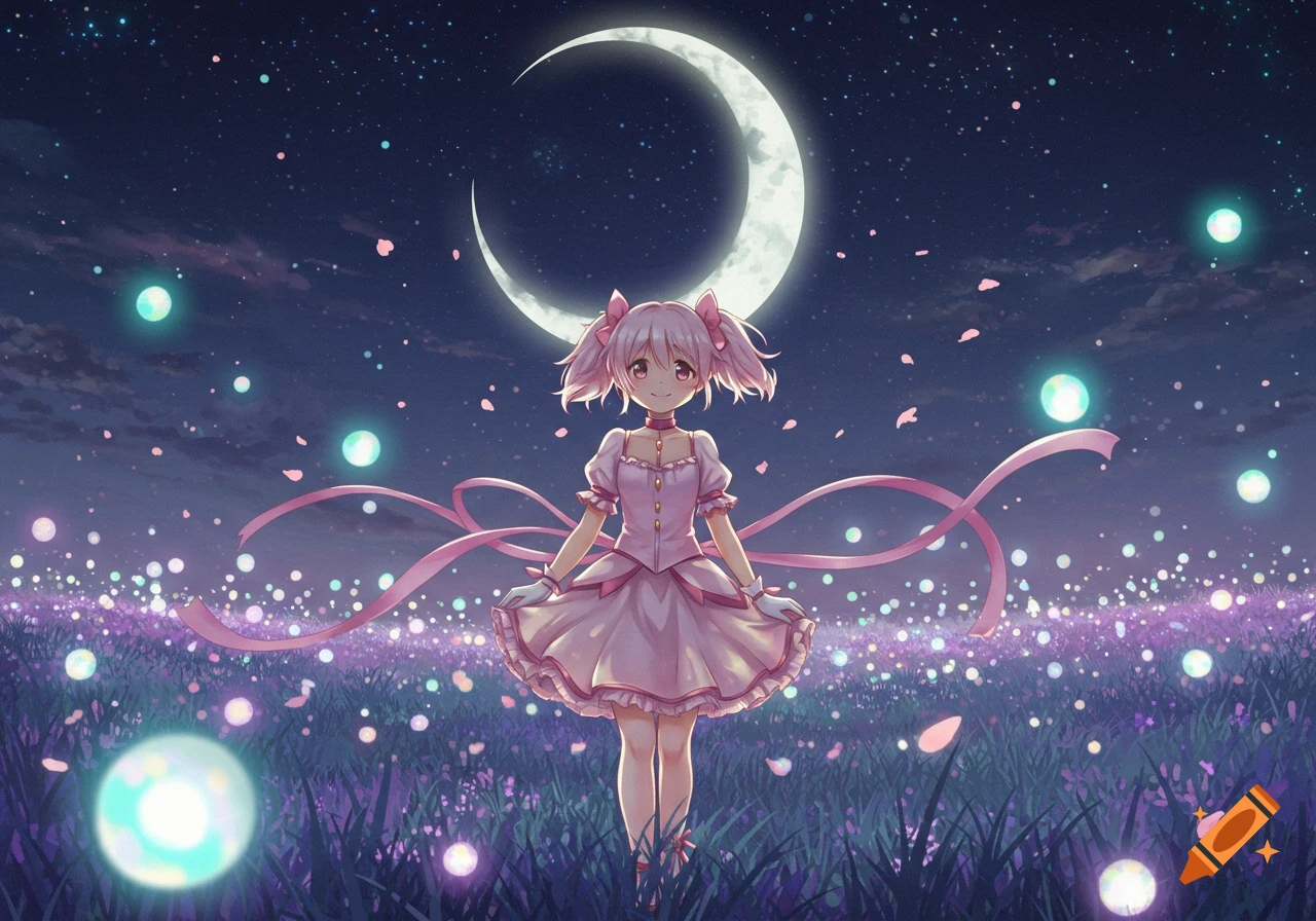 Anime girl with pink hair in a pink dress stands in a magical field of glowing flowers under a crescent moon and starry night sky.