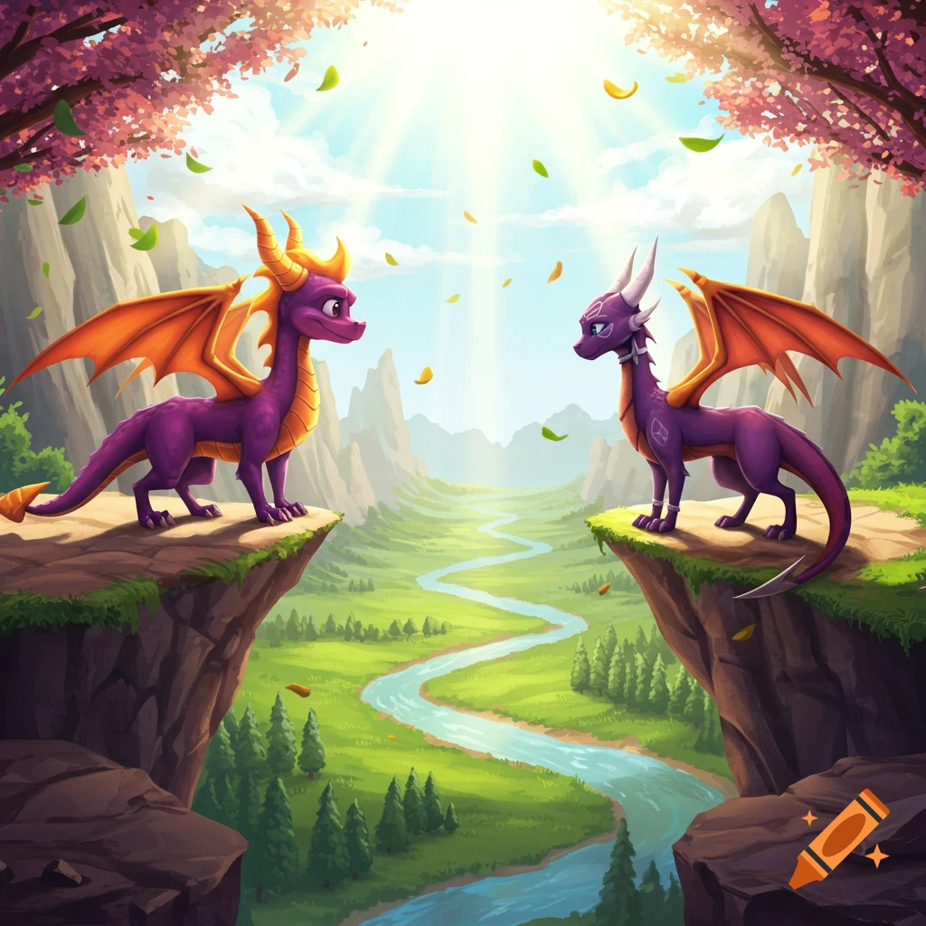 Purple dragons Spyro and Cynder stand on opposing cliffs overlooking a sunny, green valley with a winding river and cherry blossom trees, digital art.