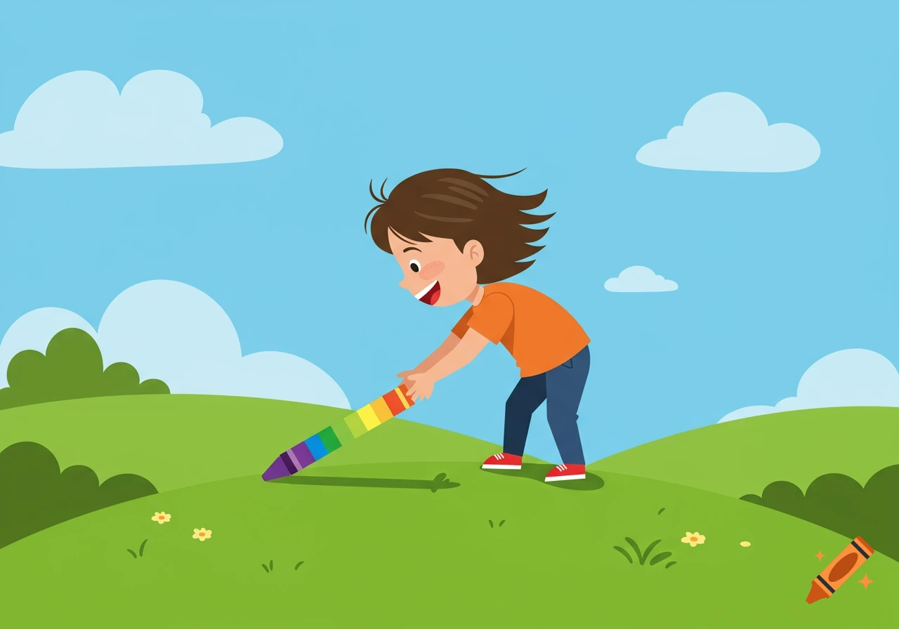 A cartoon child in an orange shirt picks up a large rainbow crayon on a green grassy hill under a blue sky.