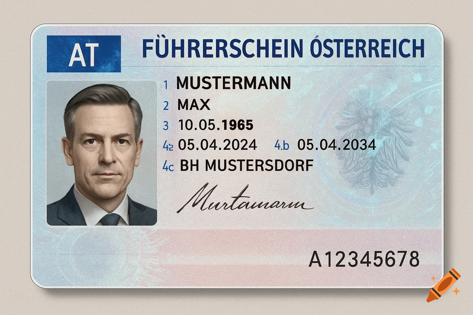 A photorealistic Austrian driver's license with a photo of a middle-aged man and placeholder text details.