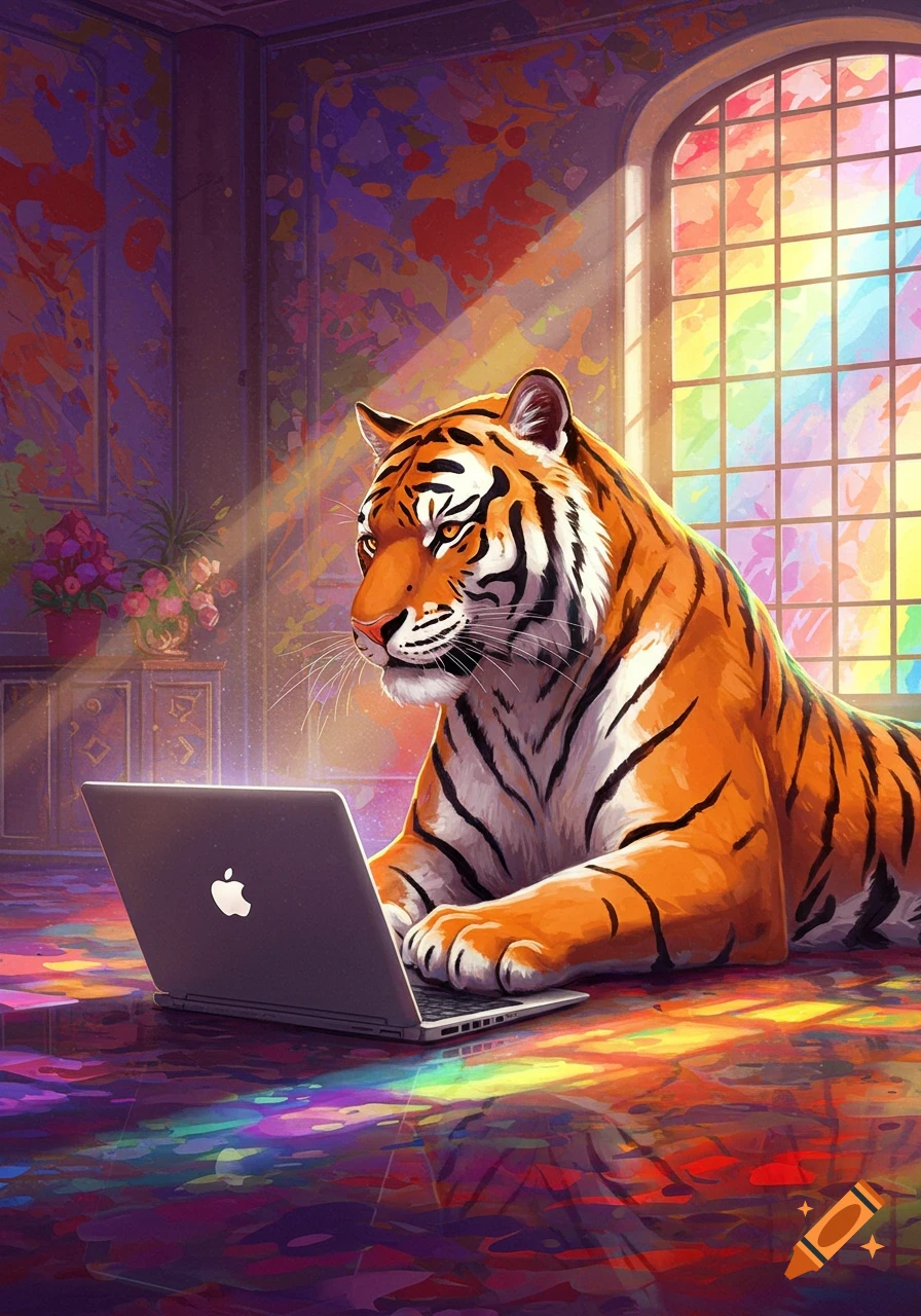 A vibrant illustration of a tiger working on a laptop in a colorful room with a rainbow stained-glass window.