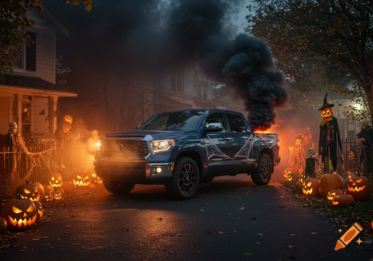 A dark blue Toyota Tundra pickup truck is parked on a street, surrounded by spooky Halloween decorations and glowing jack-o'-lanterns, with black smoke rising from its bed.