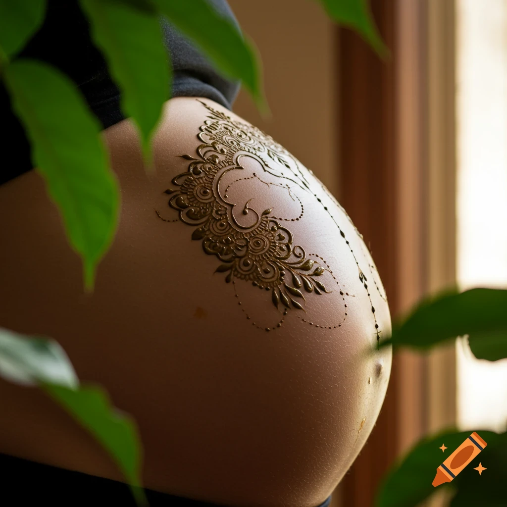 A pregnant belly adorned with intricate henna designs, framed by green leaves and illuminated by warm sunlight.