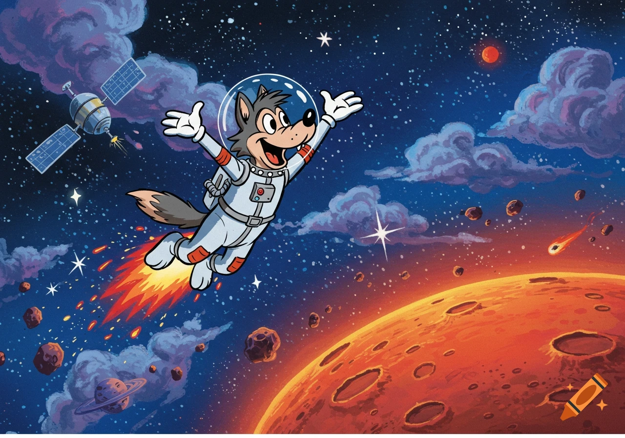 A happy cartoon wolf in a white spacesuit flies through space with a fiery rocket exhaust, past a satellite and asteroids, towards a large orange planet.