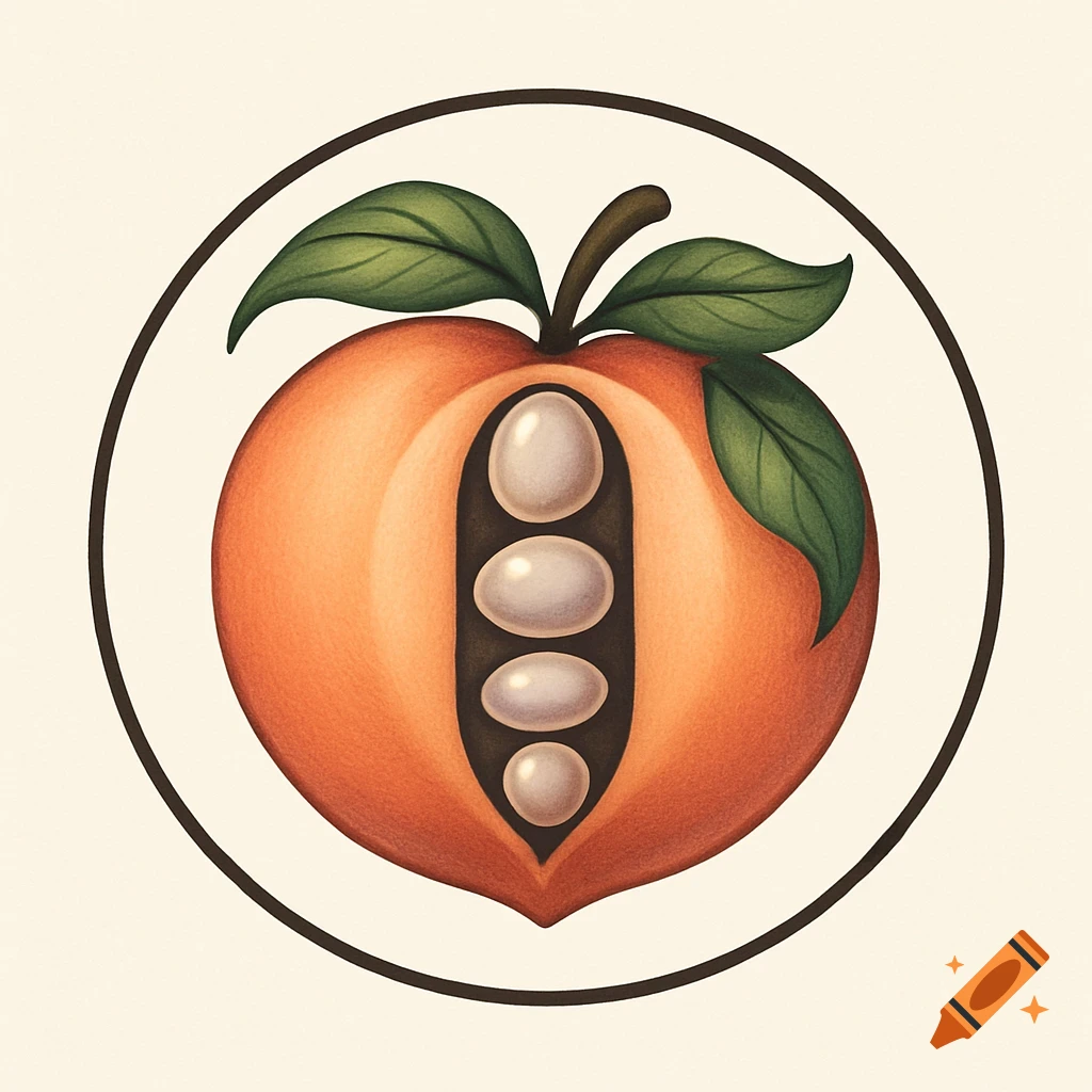 A round logo featuring a stylized peach cut open to reveal four smooth, oval stones inside, with green leaves and a stem.