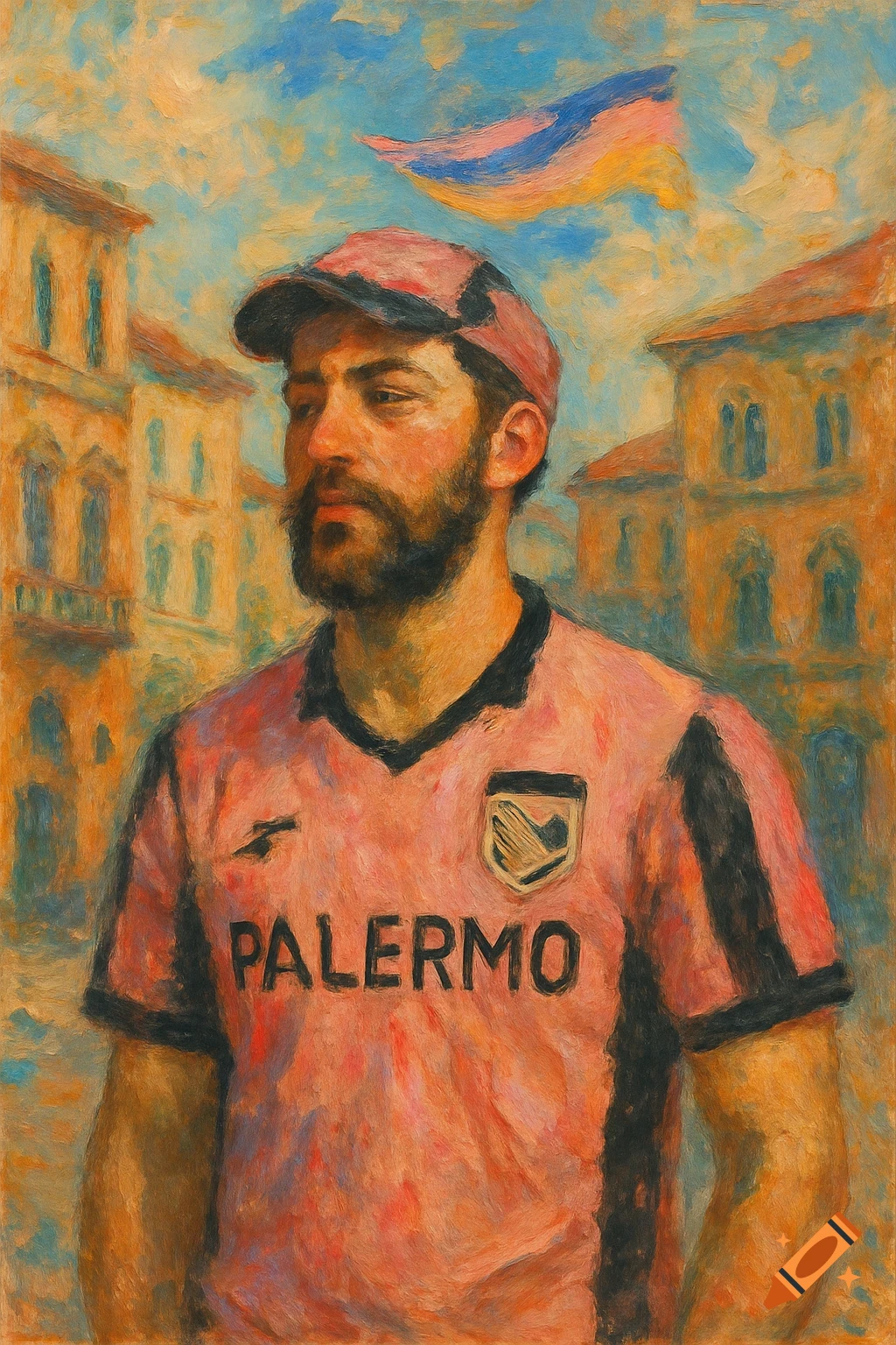 Impressionistic painting of a bearded man in a pink and black Palermo F.C. jersey and cap, against buildings and a banner.