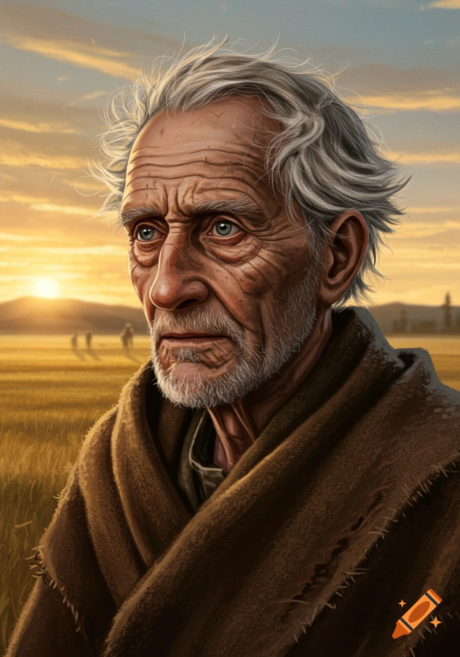 A detailed portrait of an old man with a white beard and grey hair, wrapped in a brown cloak, gazing at a sunset over a golden field.