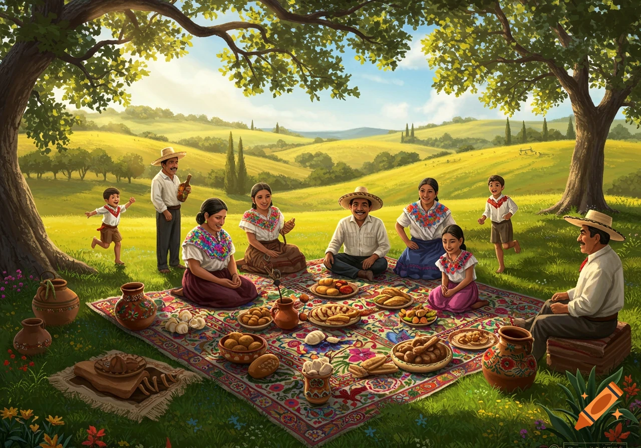 A Mexican family enjoys a picnic spread on a colorful blanket under large trees in a sunny green hilly landscape.