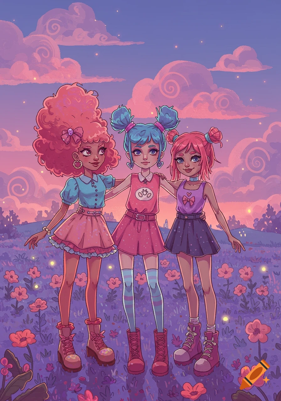 Three stylized girls with colorful hair and dresses stand in a field of glowing flowers under a pink and purple sky.