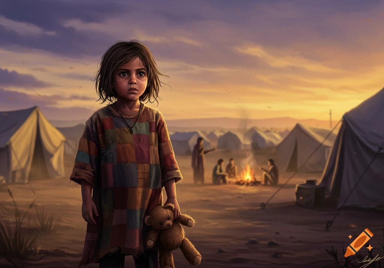 A solemn child in a patched dress holds a teddy bear, standing in a refugee camp at sunset, digital art.