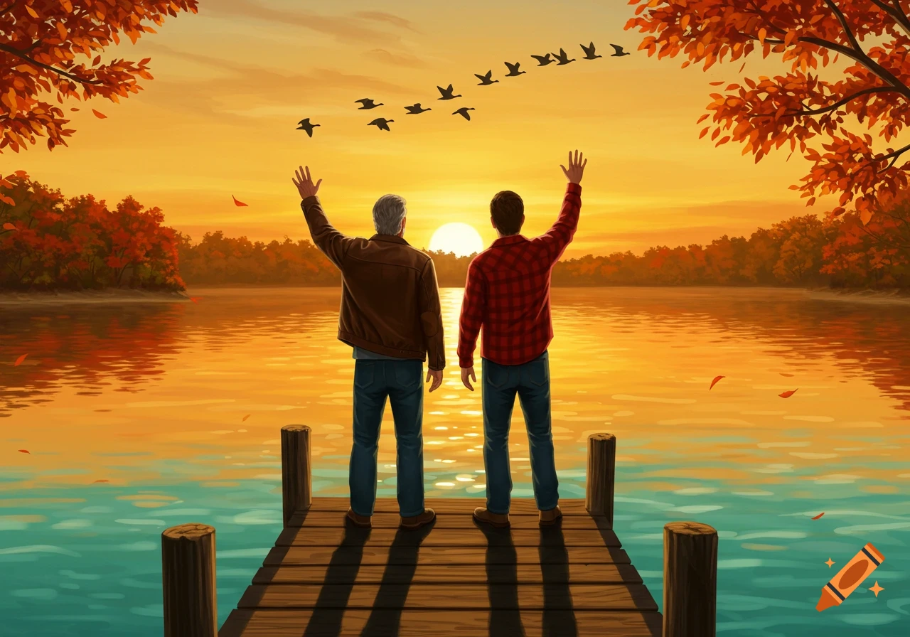 Two men on a dock wave goodbye to birds flying into an autumn sunset over a calm lake.