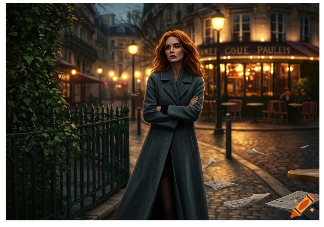 A red-haired woman in a long grey coat stands on a cobblestone street at night, with a brightly lit cafe and scattered newspapers.