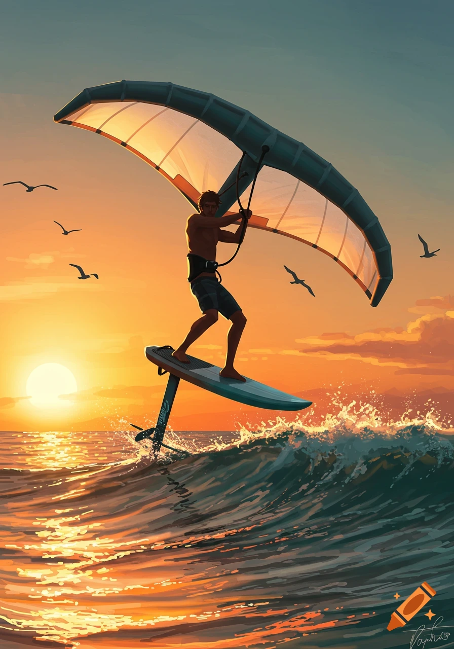 A man riding a foil board with a collapsible wing over ocean waves at sunset, in an illustrative style.