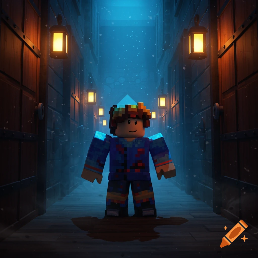 A blocky Roblox-style character in a snowy, lantern-lit medieval corridor with dark liquid on the ground.