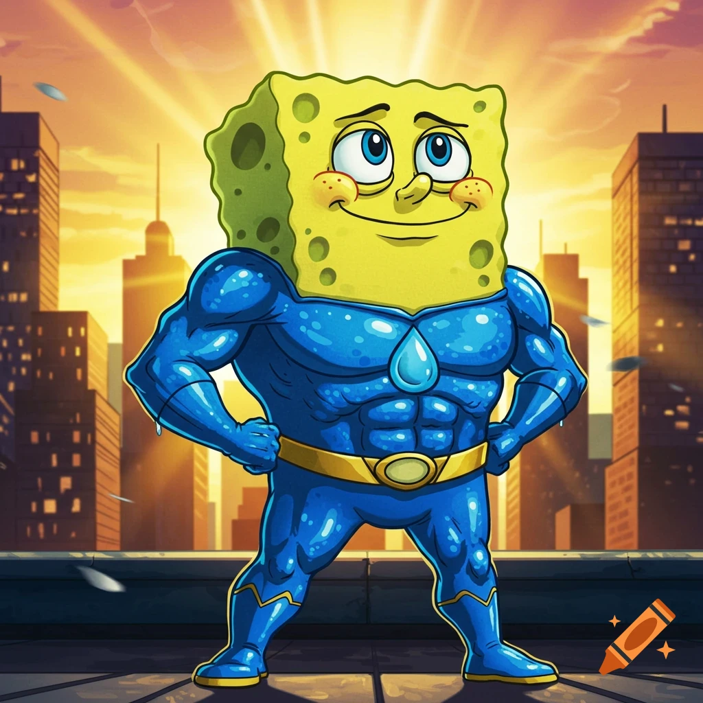 Muscular SpongeBob SquarePants superhero stands on a city rooftop with a sunset skyline.