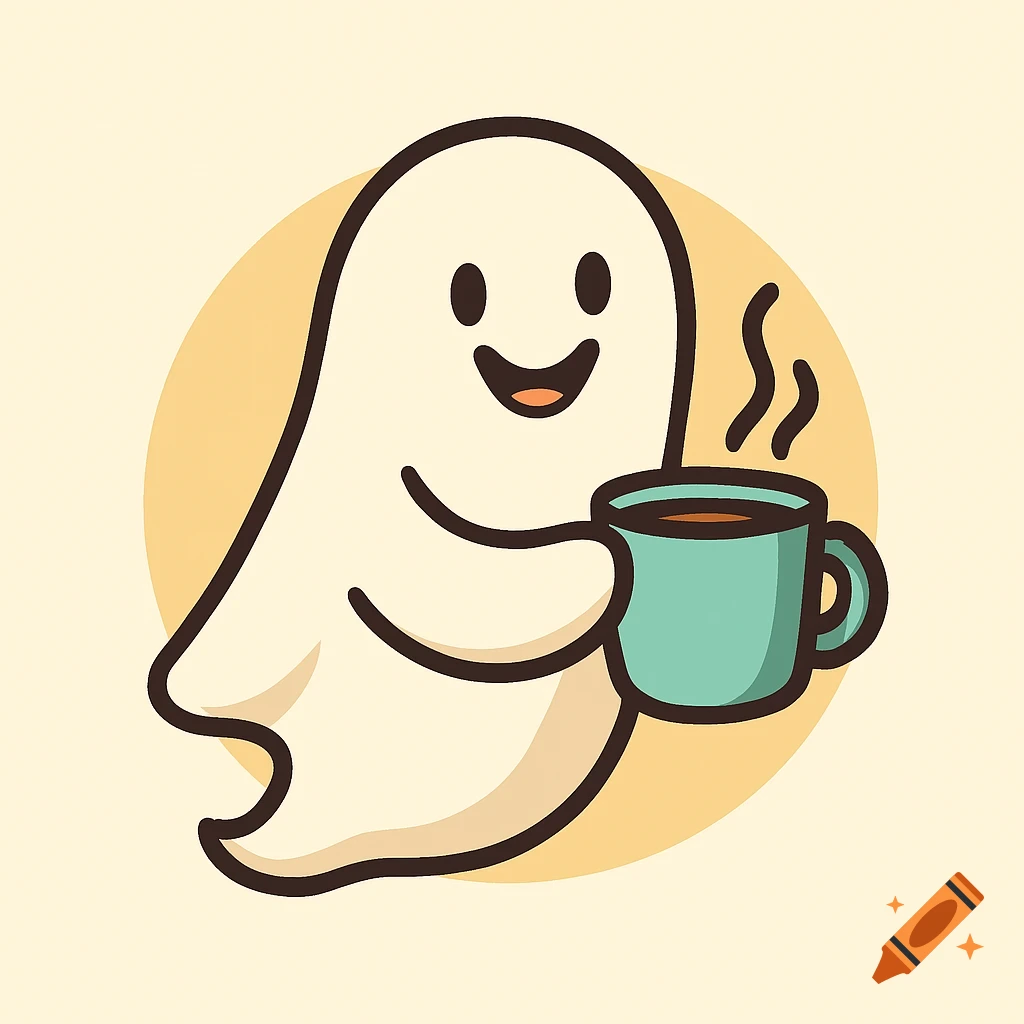 A happy white cartoon ghost with a big smile holds a steaming teal coffee mug against a yellow circle background.