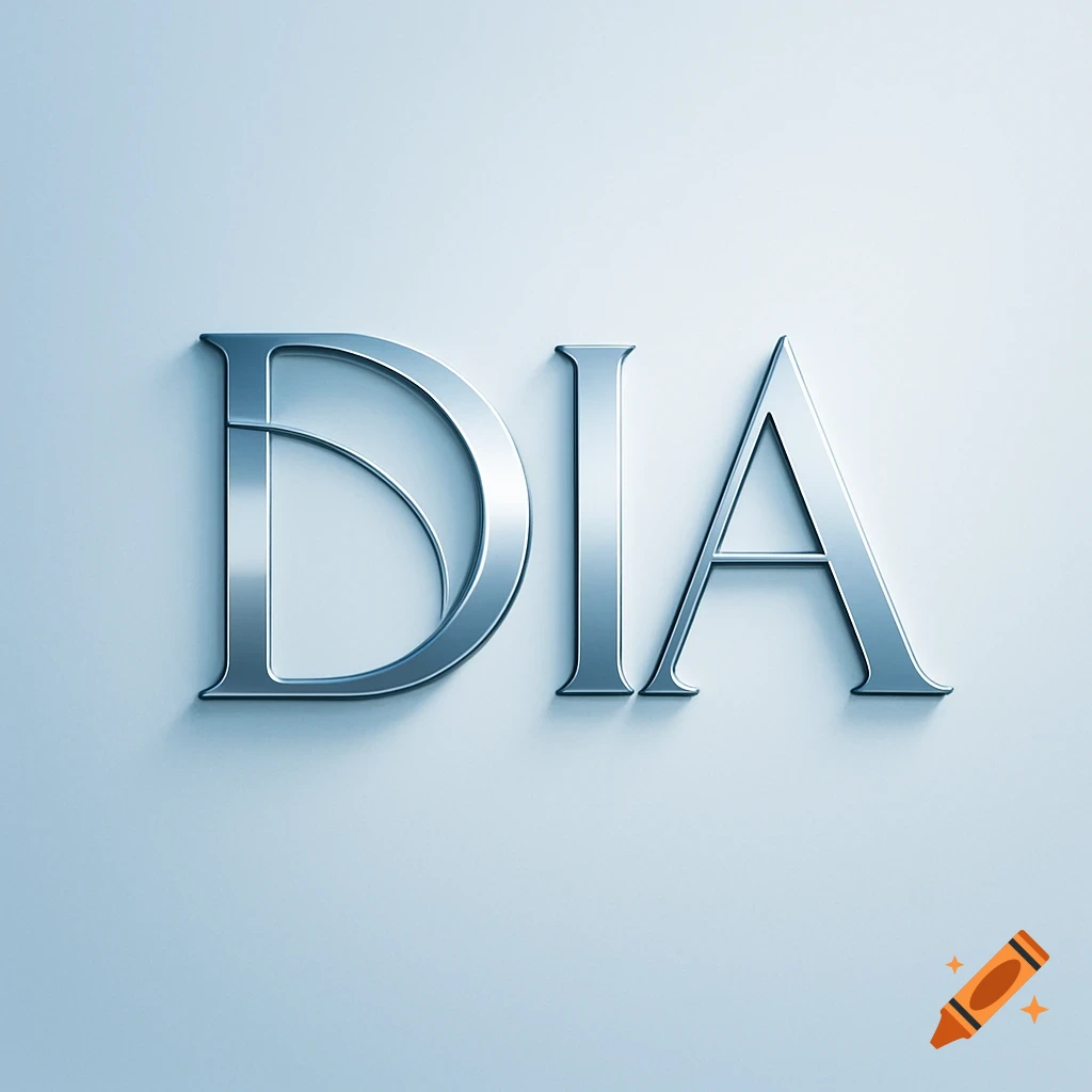 Metallic silver 3D text 'DIA' on a light blue background, casting a soft shadow.
