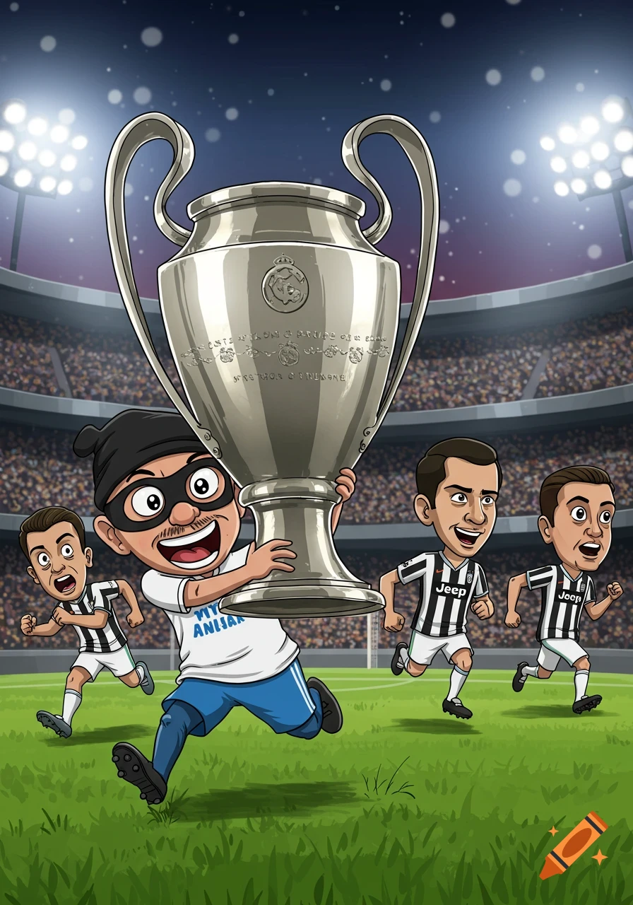 A cartoon thief in a black beanie and eye mask, wearing a white shirt and blue pants, runs on a football field holding a large trophy, pursued by three Juventus players.