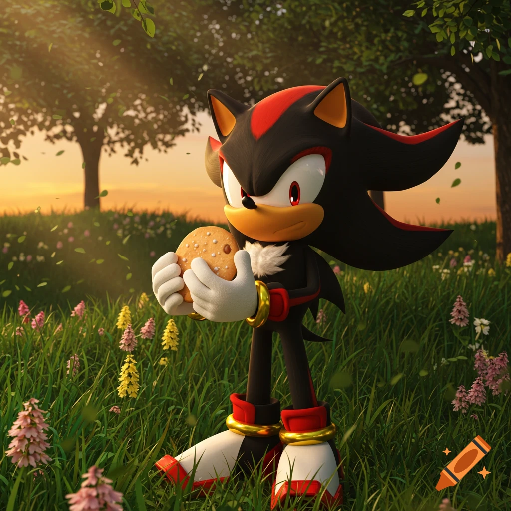 Shadow the Hedgehog stands in a vibrant field of wildflowers at sunset, holding a cookie.