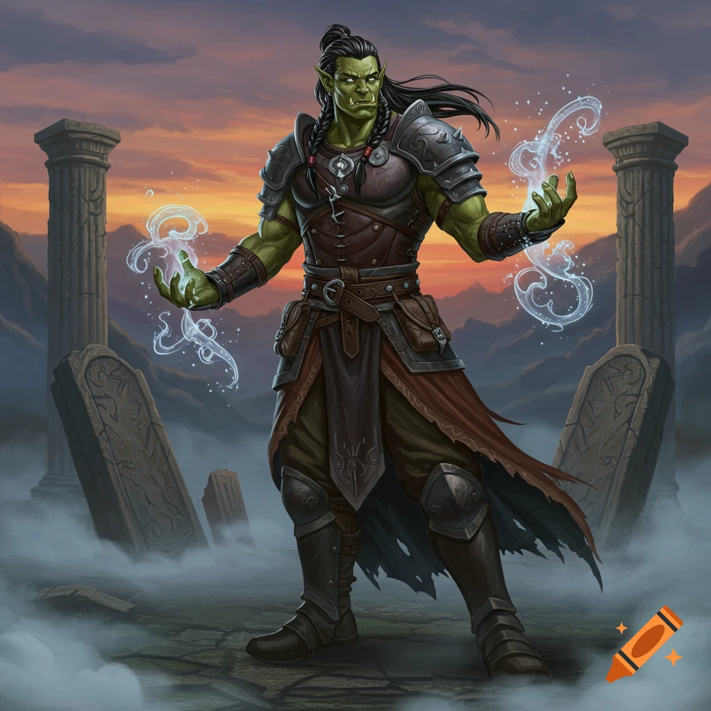 Muscular green half-orc in dark armor casts glowing blue magic among ancient ruins and mist under an orange sunset sky.