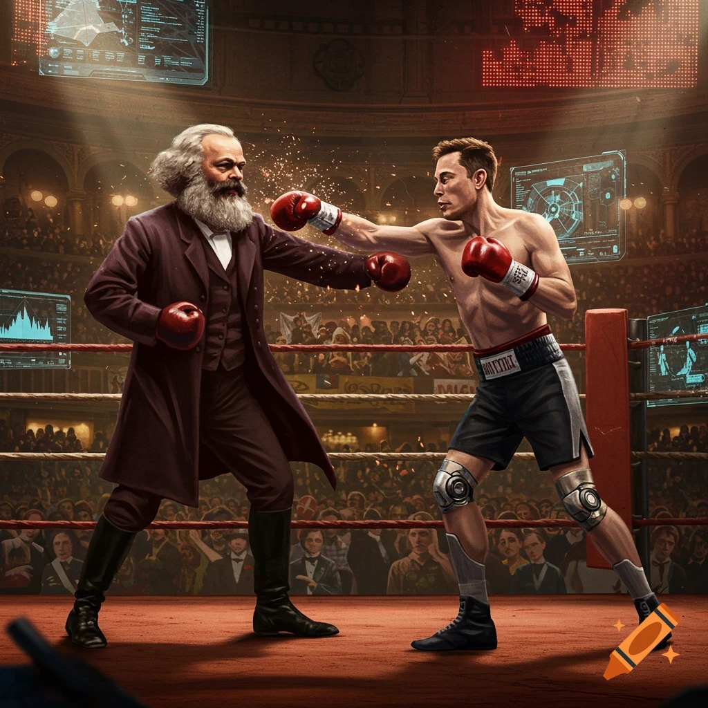 Photorealistic depiction of Karl Marx and Elon Musk boxing in a packed arena, Marx throwing a punch.