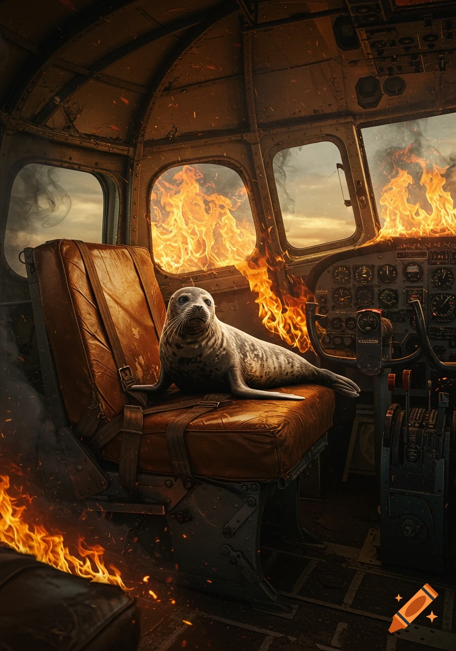 A photorealistic harbor seal sits calmly in the cockpit of a burning, distressed airplane.