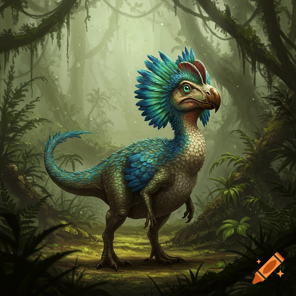 A vibrant blue and green feathered dinosaur-like creature with a large beak stands in a lush, verdant jungle.