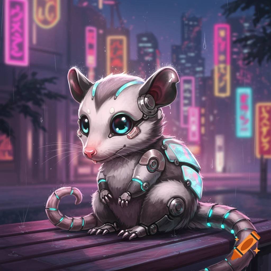 A cute robot possum with glowing blue accents sits on a wooden bench in a rainy cyberpunk city at night.