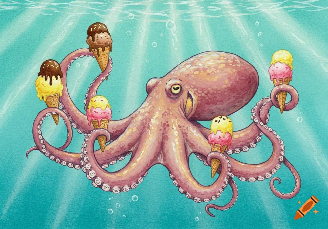 Watercolor of an octopus underwater, holding multiple ice cream cones in its tentacles.